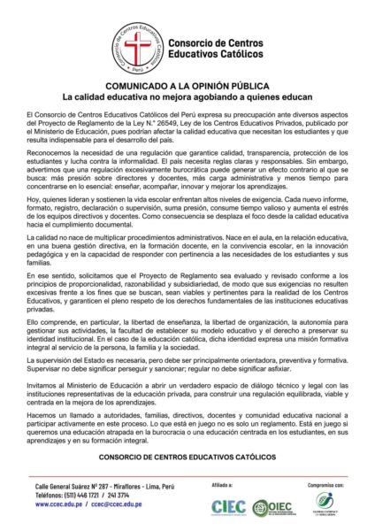 El Consorcio de Centros Educativos Católicos del Perú confronta al Minedu